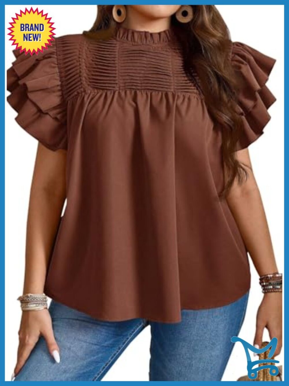 Womens Plus Size Ruffle Sleeve Pleated Mock Neck Blouse